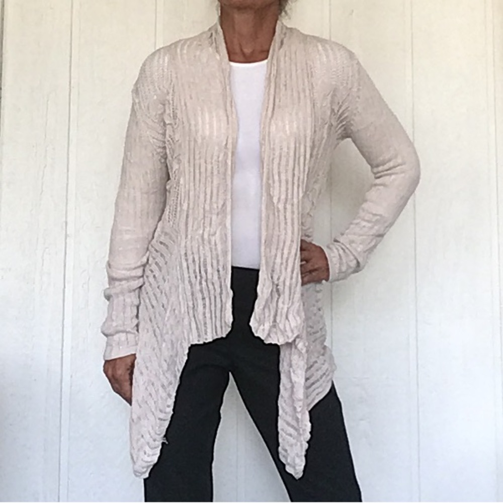 Belldini Large Cream Crochet Soft Knit Open Front Long Sleeve Cardigan l…